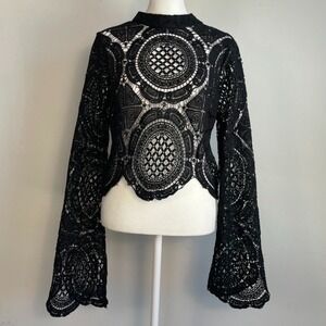 Bohoo Crochet Lace Bell Sleeves Sheer Top Size 8 Whimsigoth Festival Goth Boho